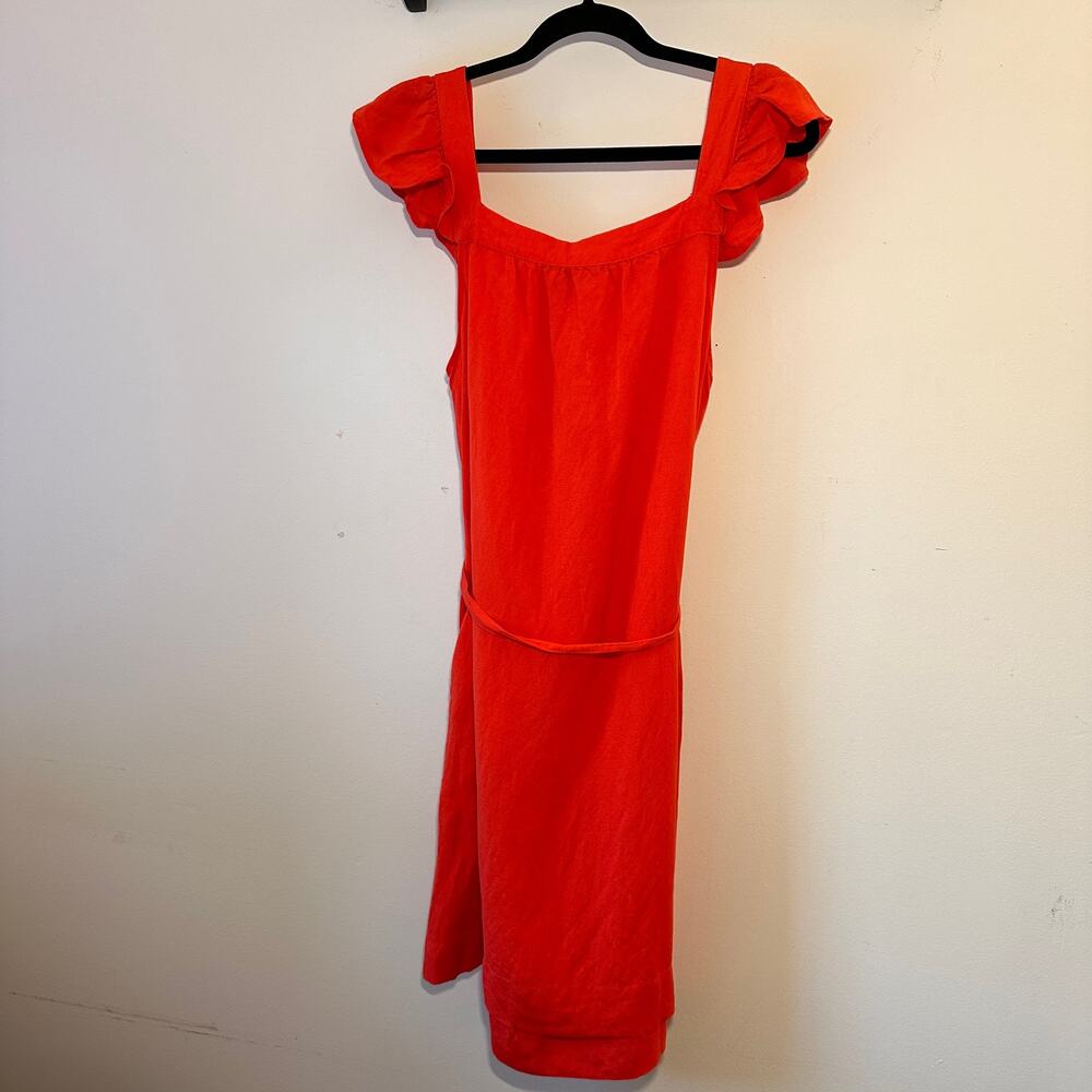 New Linen Blend Flutter Sleeve Shift Summer Dress Loft Midi Red Orange Small